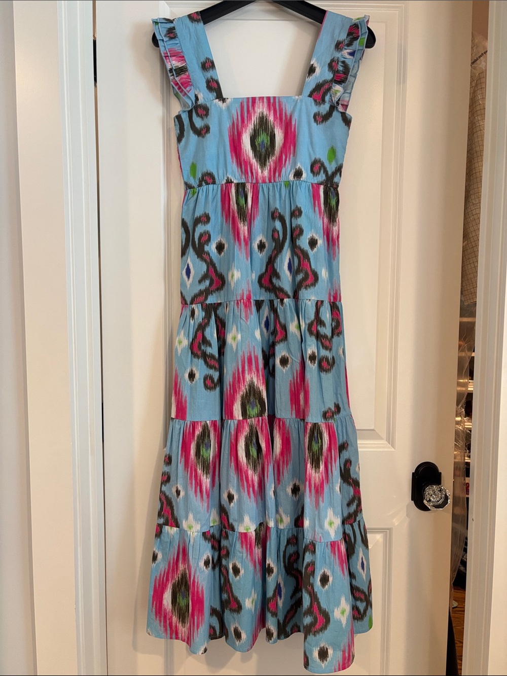 Blue Ikat Tiered Maxi Dress with Ruffle Straps
